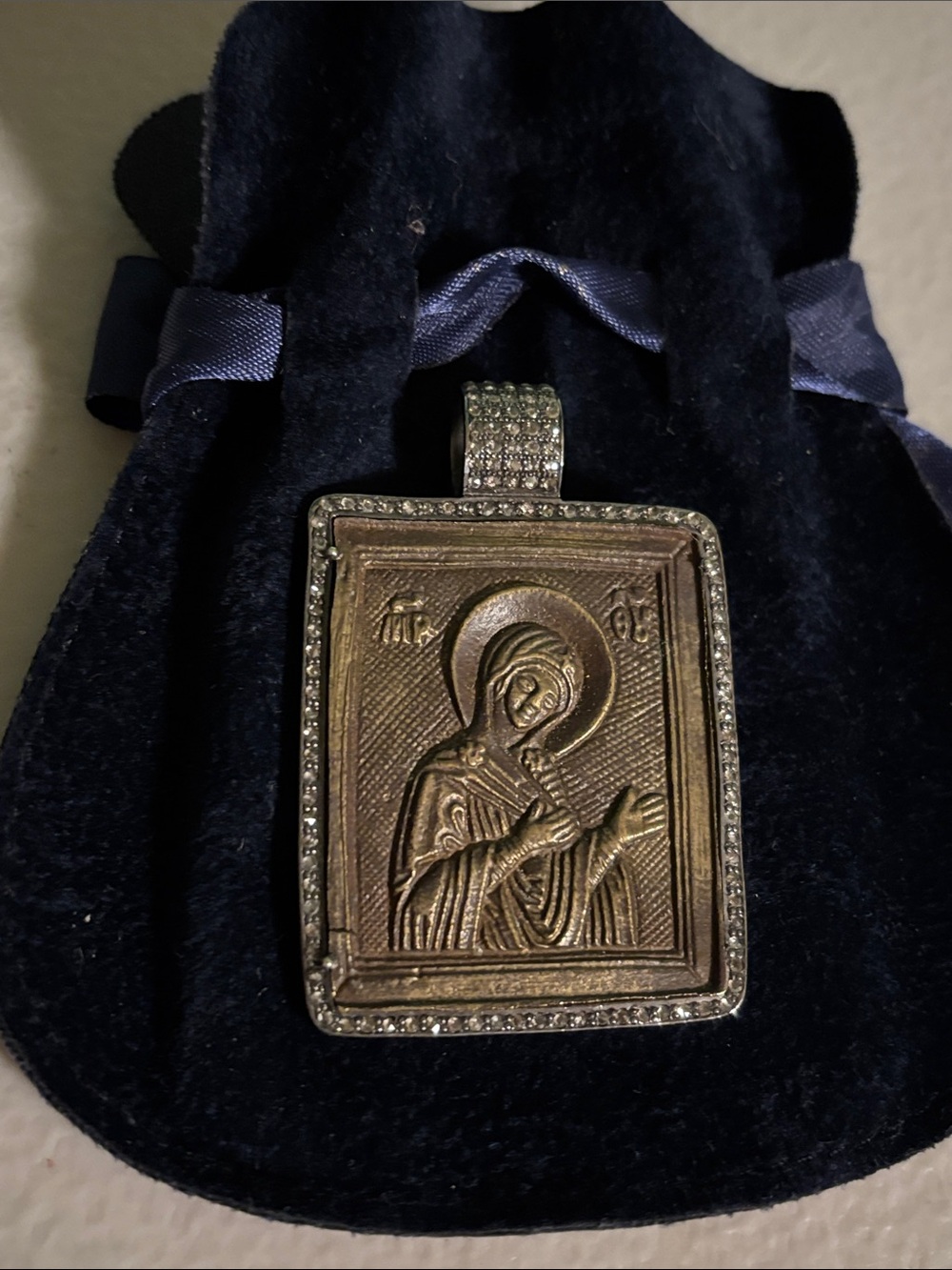 Orthodox Mary Pendant Necklace - Antique Bronze Tone with Rhinestone Frame